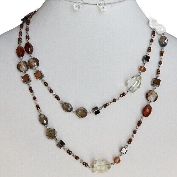 Premier Designs 42" Beaded Necklace Neutrals Silver Tone Signed Long Versatile - Picture 2 of 8